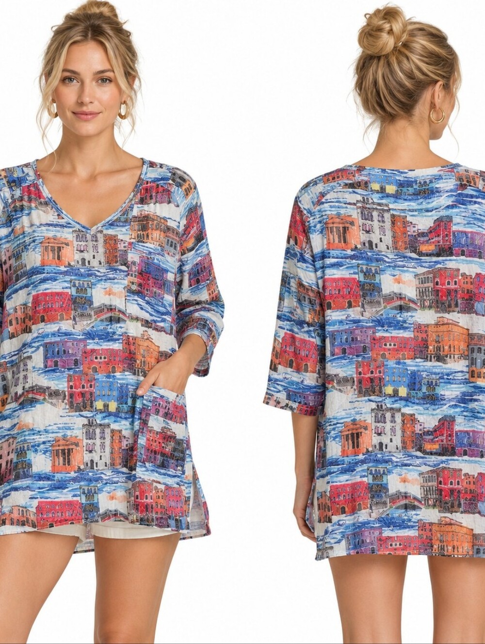 Ali Miles V-Neck Tunic L Cityscape Print 3/4 Sleeve Artsy Pocket Boho Relaxed